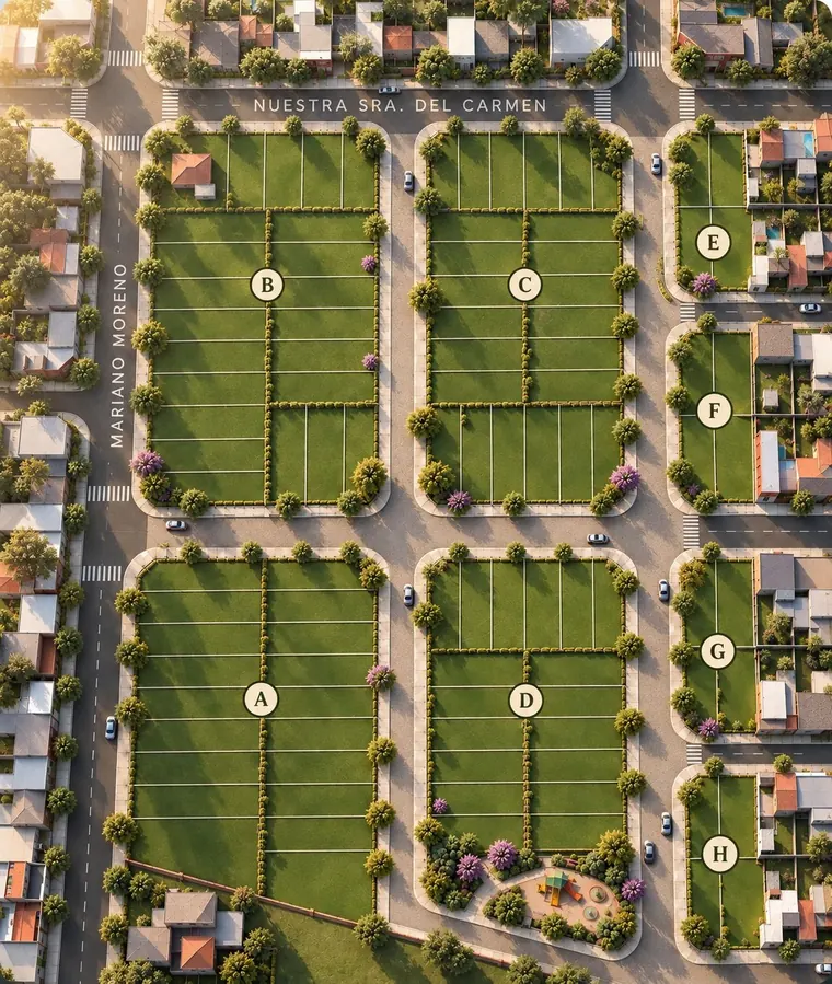 Plano ilustrativo del barrio visto desde arriba: manzanas A a H entre Mariano Moreno y Nuestra Señora del Carmen, con la plaza en la manzana D